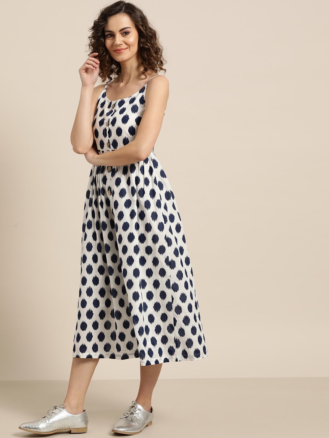 Women's Navy Polka Strappy Front Button Dress