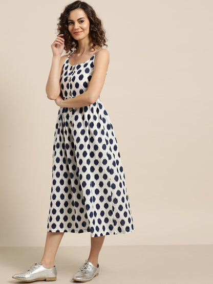 Women's Navy Polka Strappy Front Button Dress