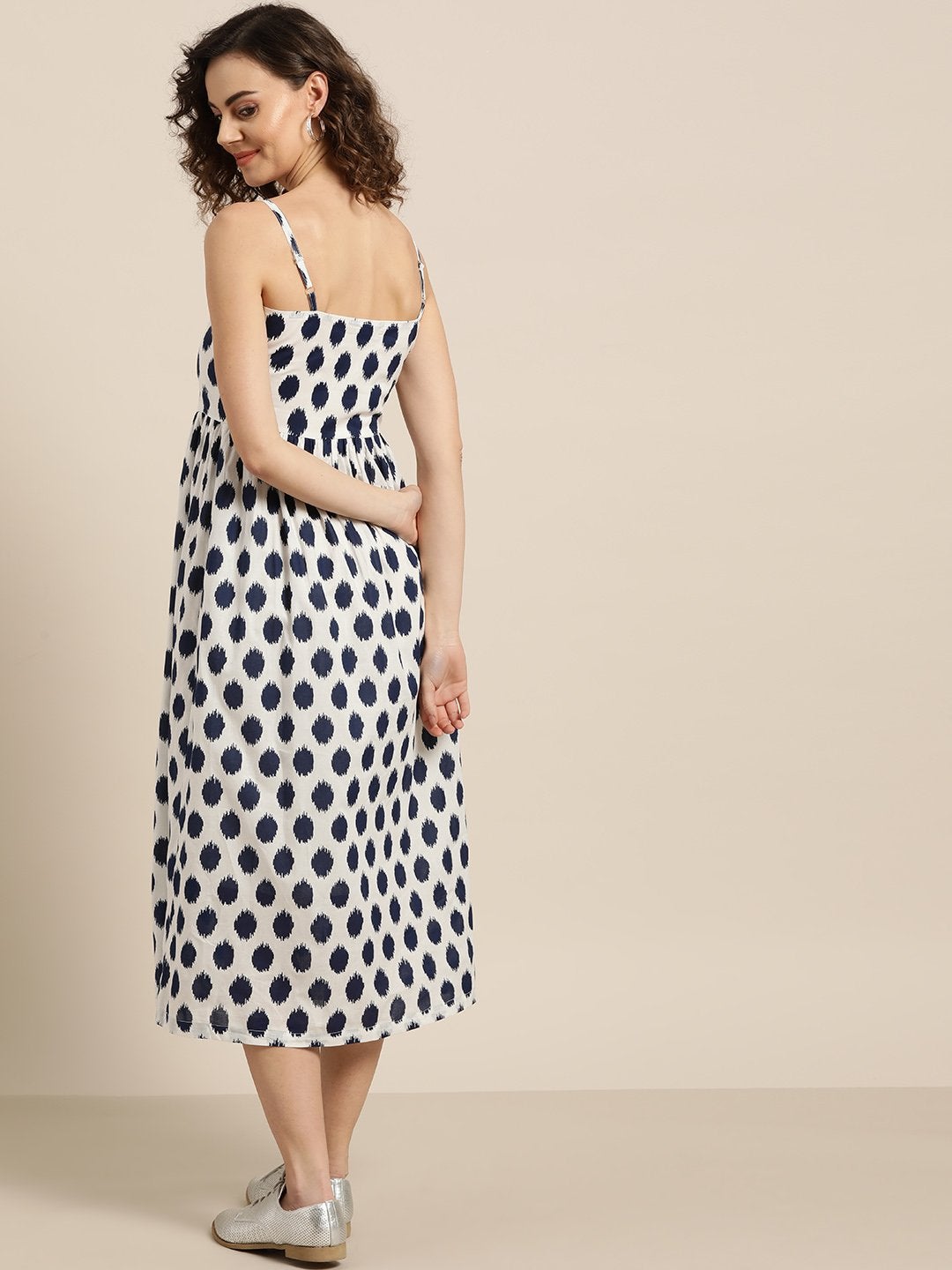 Women's Navy Polka Strappy Front Button Dress