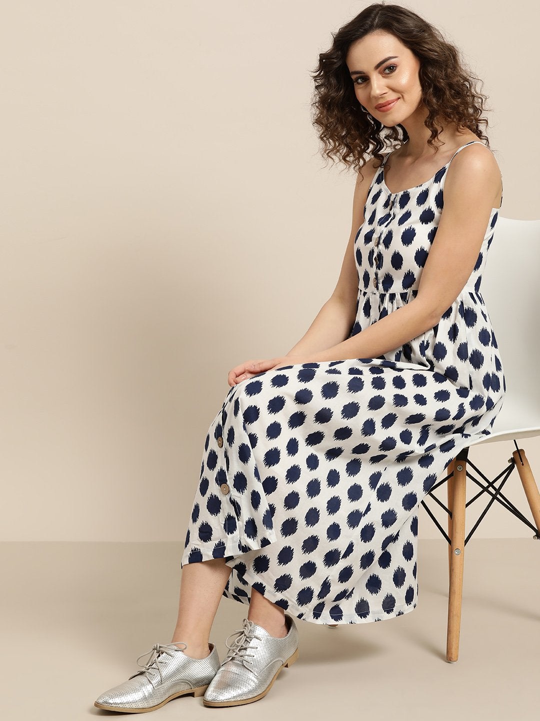 Women's Navy Polka Strappy Front Button Dress