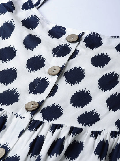 Women's Navy Polka Strappy Front Button Dress