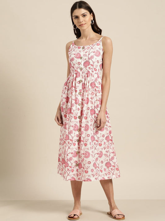 Women's Pink Floral Strappy Front Button Dress