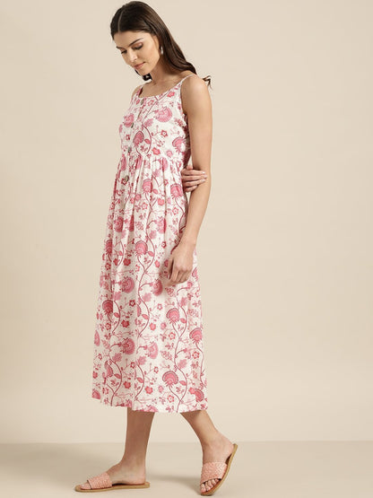 Women's Pink Floral Strappy Front Button Dress