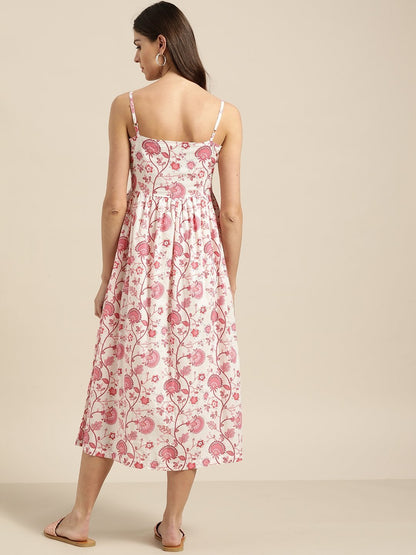 Women's Pink Floral Strappy Front Button Dress