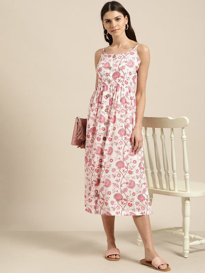 Women's Pink Floral Strappy Front Button Dress