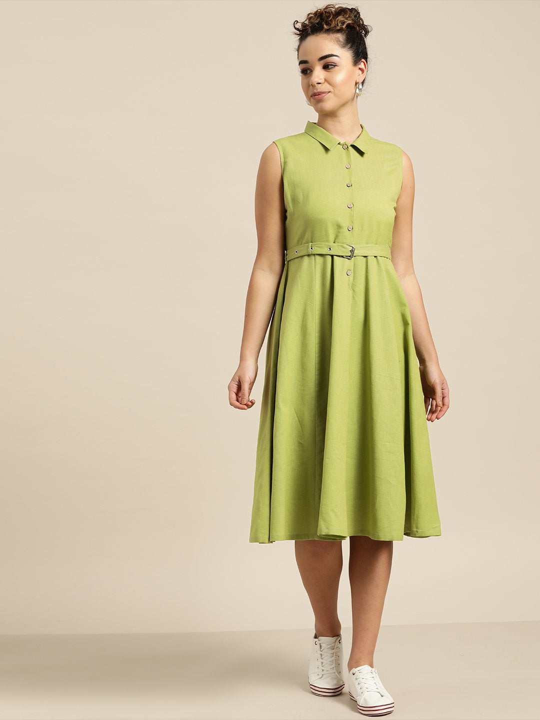 Women's Green Sleeveless Belted Dress