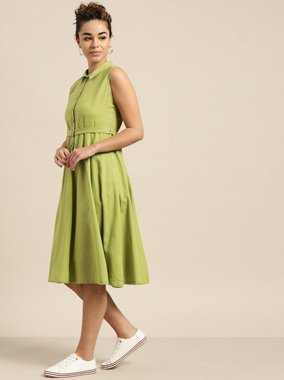 Women's Green Sleeveless Belted Dress