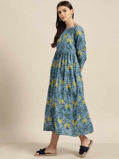 Women's Blue Floral Gathered Midi Dress