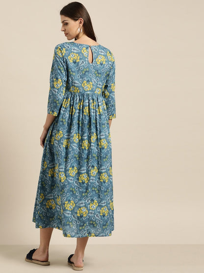 Women's Blue Floral Gathered Midi Dress