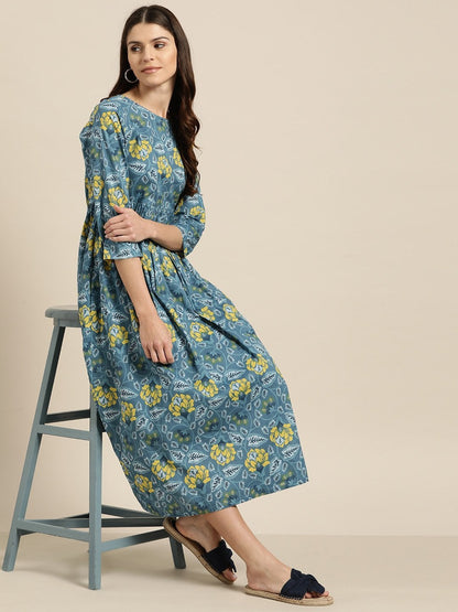 Women's Blue Floral Gathered Midi Dress