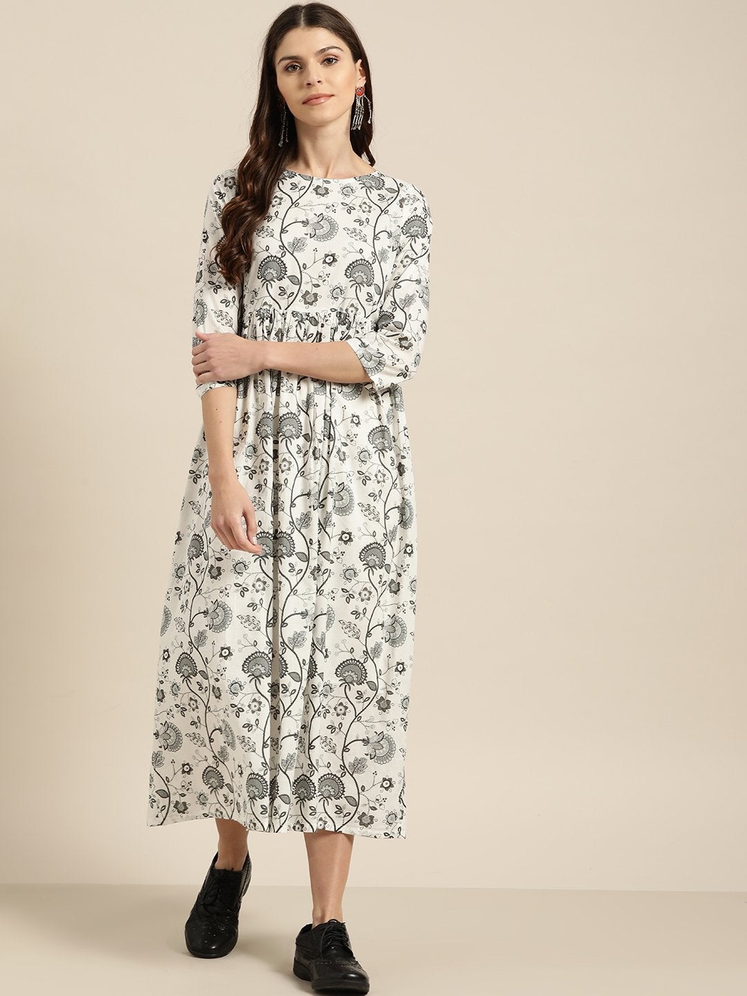 Women's Grey Floral Gathered Midi Dress
