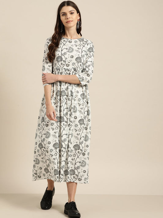 Women's Grey Floral Gathered Midi Dress