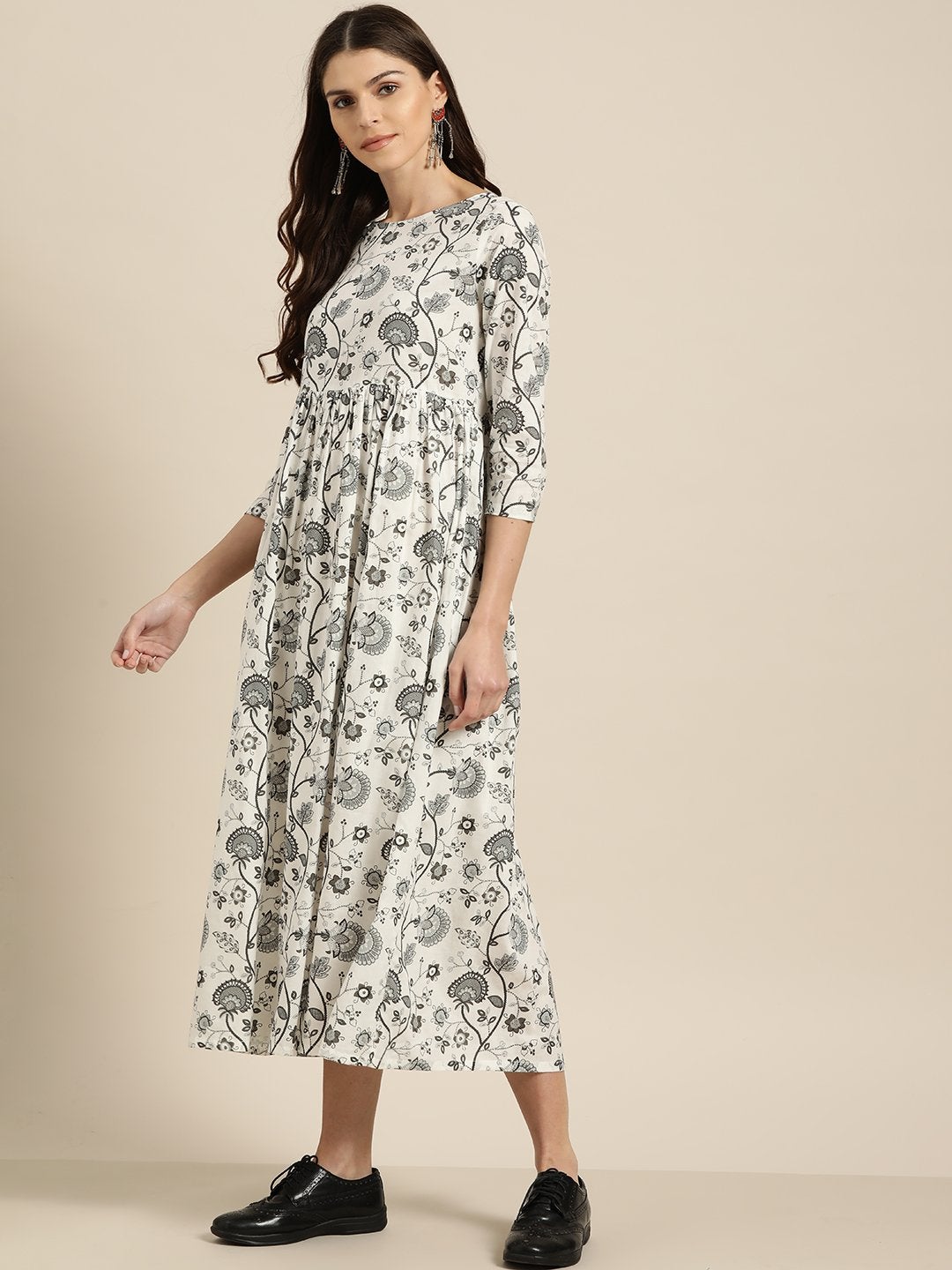 Women's Grey Floral Gathered Midi Dress