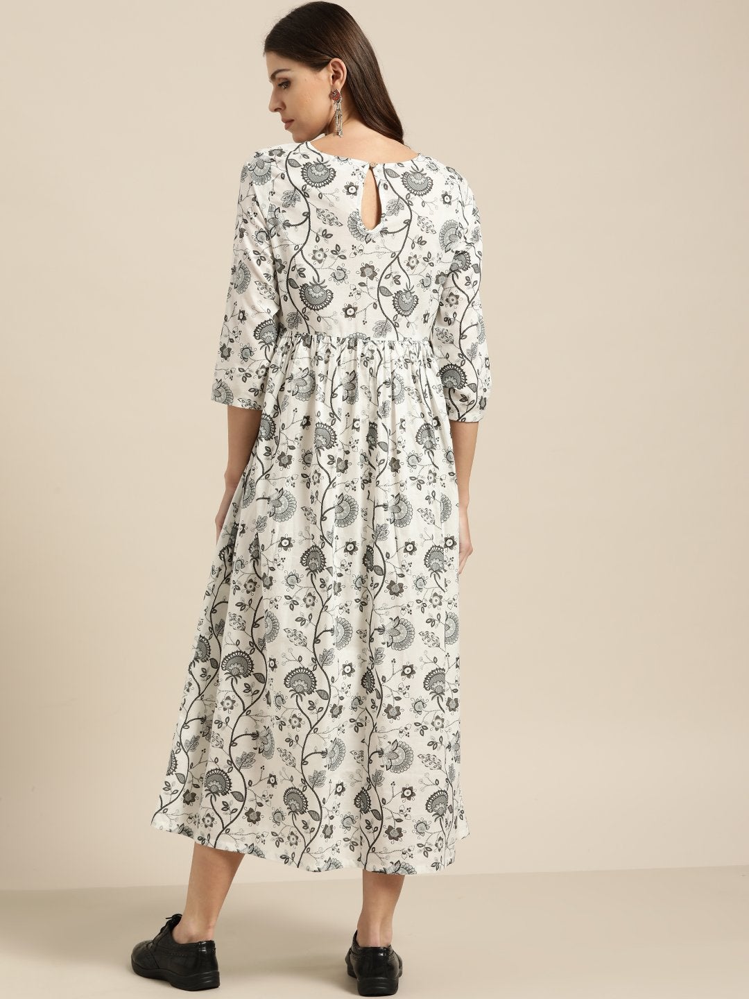 Women's Grey Floral Gathered Midi Dress