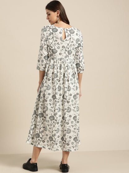 Women's Grey Floral Gathered Midi Dress