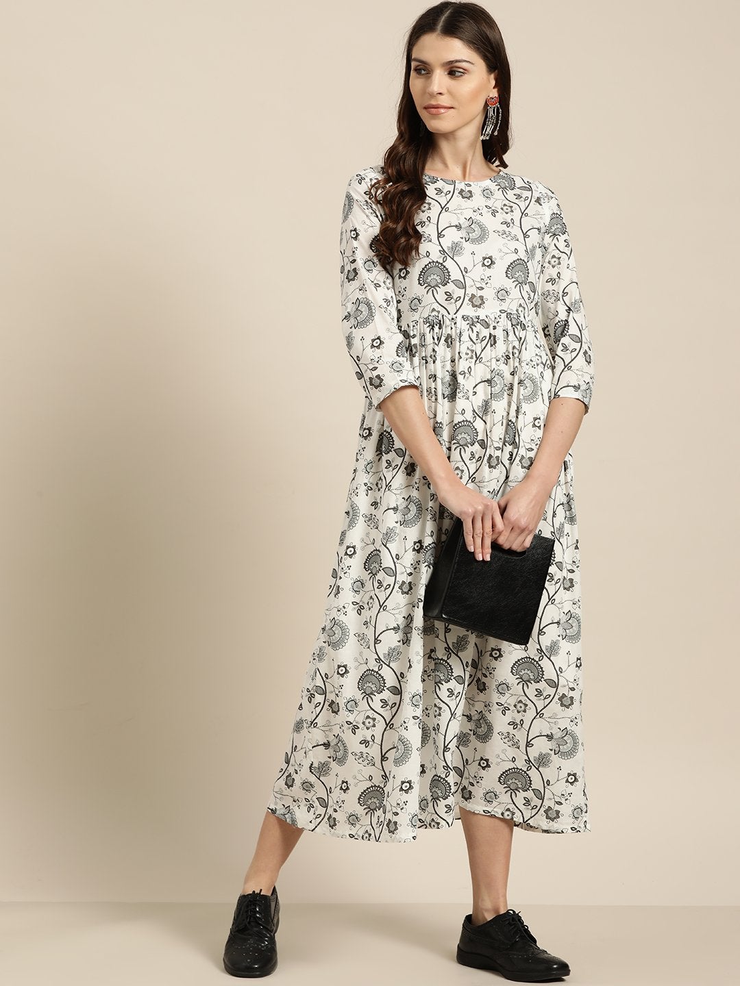 Women's Grey Floral Gathered Midi Dress