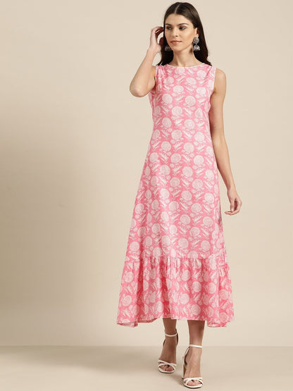 Women's Pink Floral Tiered Hem Sleeveless Midi Dress