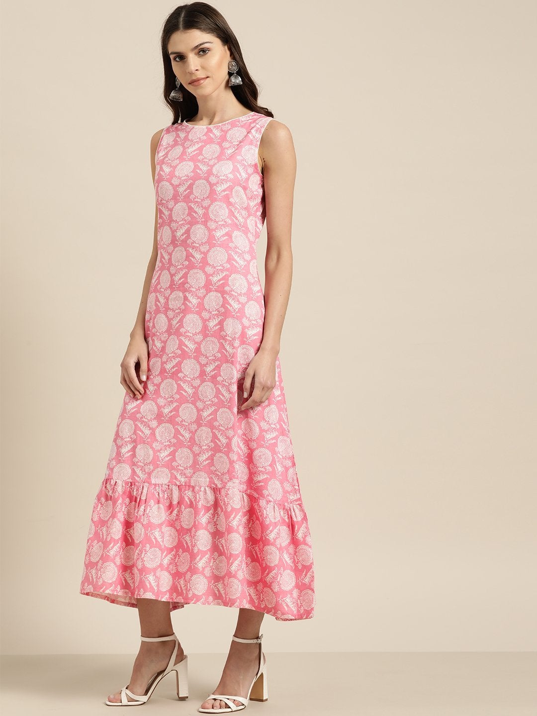 Women's Pink Floral Tiered Hem Sleeveless Midi Dress