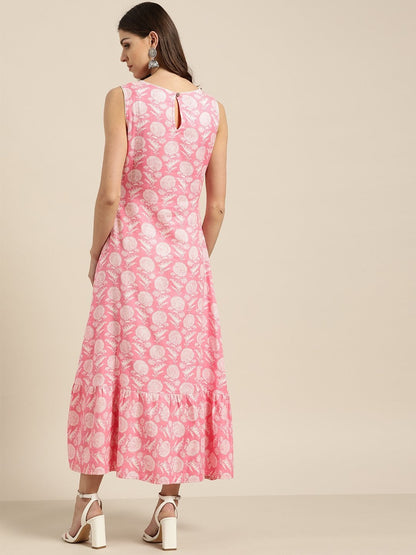 Women's Pink Floral Tiered Hem Sleeveless Midi Dress