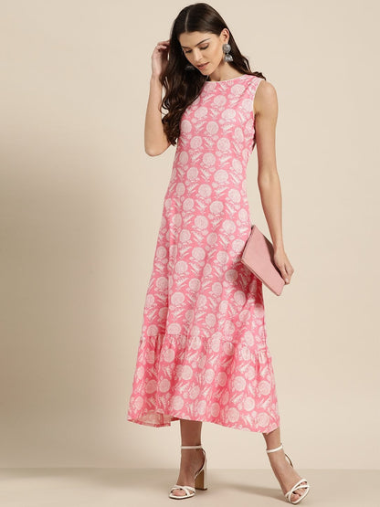 Women's Pink Floral Tiered Hem Sleeveless Midi Dress