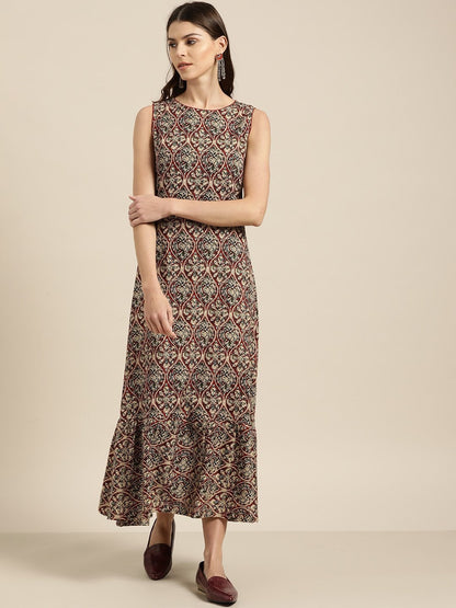 Women's Brown Tiered Hem Sleeveless Midi Dress