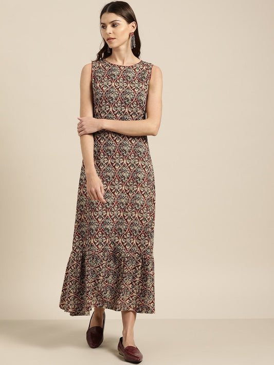 Women's Brown Tiered Hem Sleeveless Midi Dress