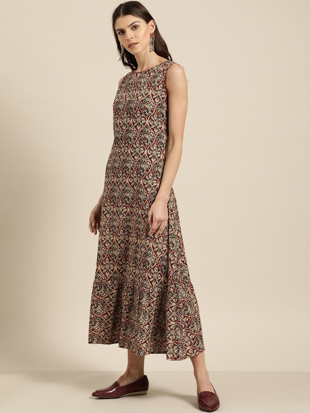 Women's Brown Tiered Hem Sleeveless Midi Dress