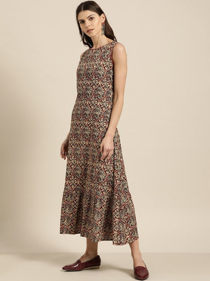 Women's Brown Tiered Hem Sleeveless Midi Dress
