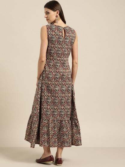 Women's Brown Tiered Hem Sleeveless Midi Dress