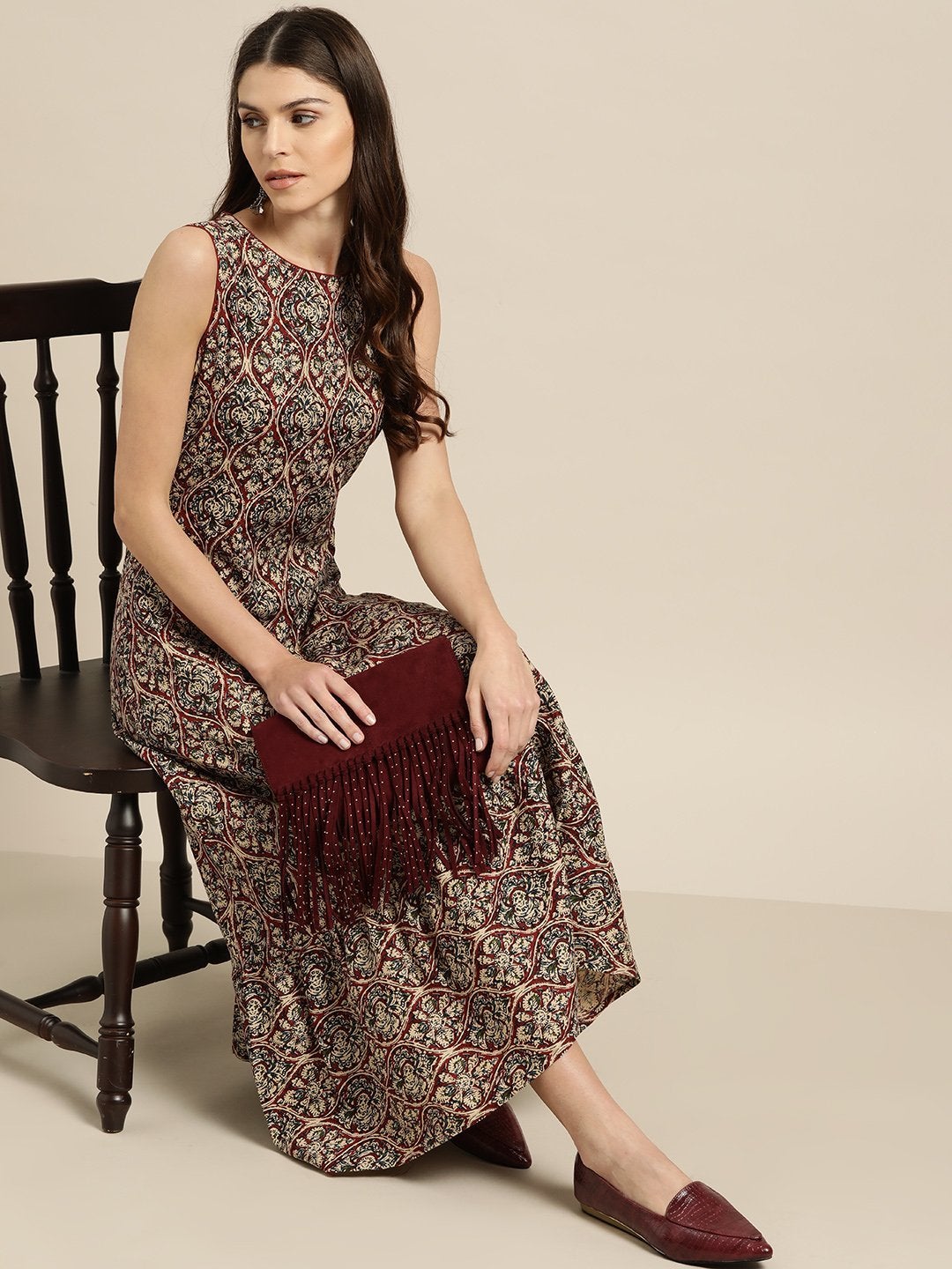 Women's Brown Tiered Hem Sleeveless Midi Dress