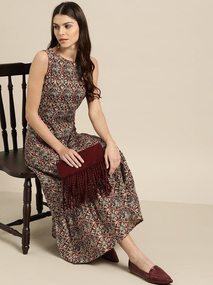 Women's Brown Tiered Hem Sleeveless Midi Dress