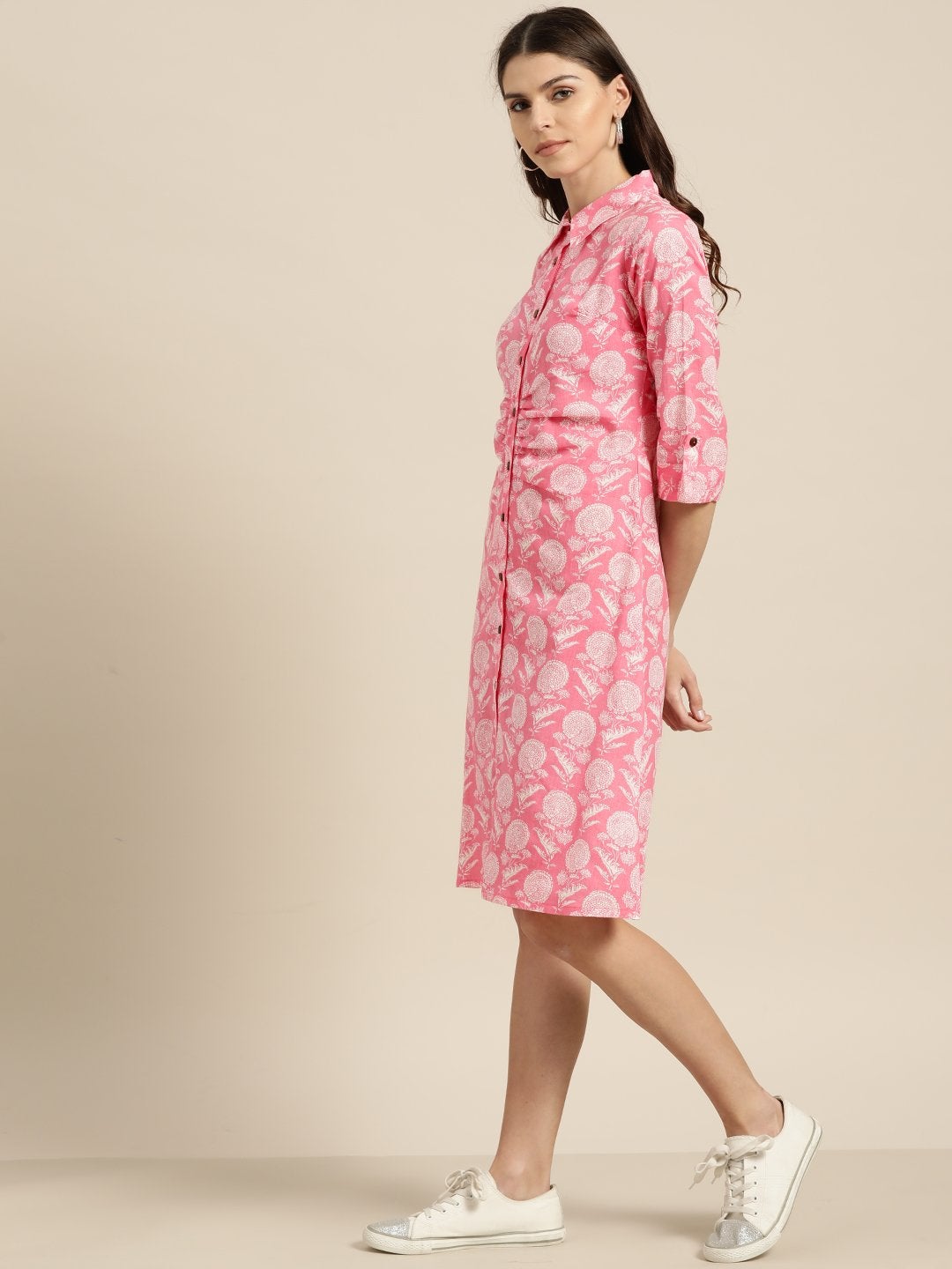 Women's Pink Floral Shirt Dress