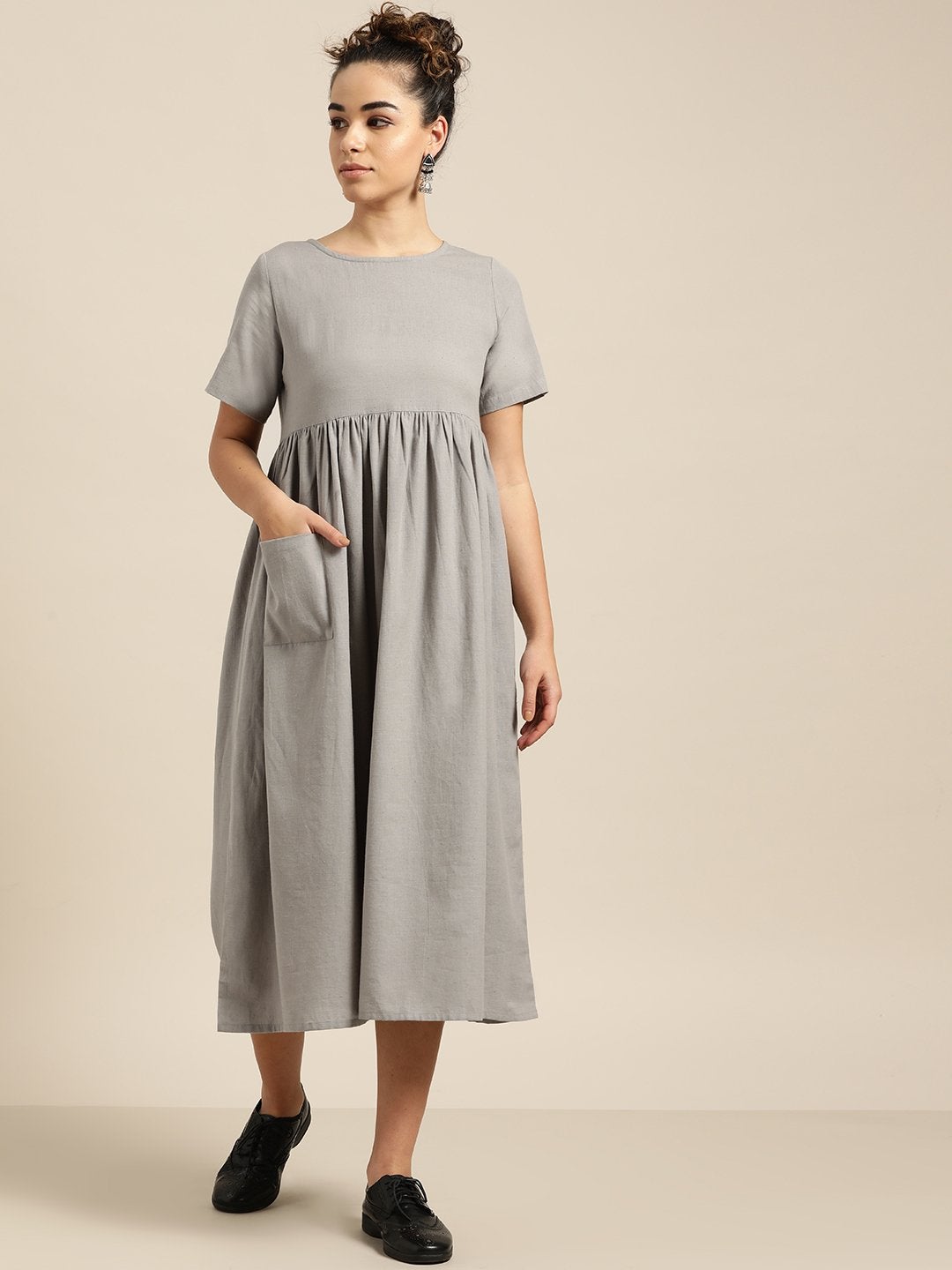 Women's Grey Gathered Patch Pocket Midi Dress