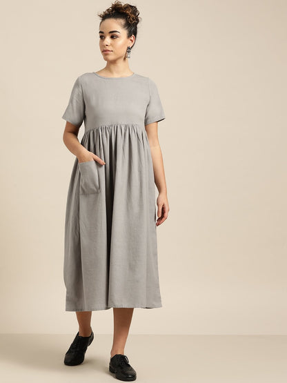 Women's Grey Gathered Patch Pocket Midi Dress