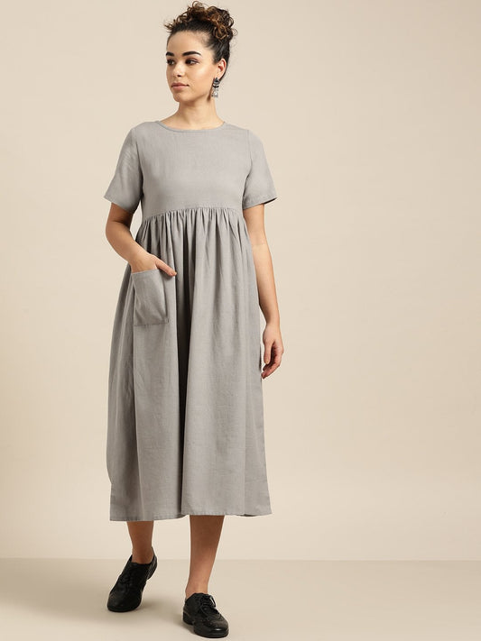 Women's Grey Gathered Patch Pocket Midi Dress