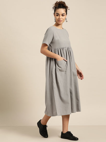 Women's Grey Gathered Patch Pocket Midi Dress