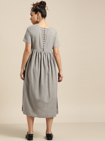 Women's Grey Gathered Patch Pocket Midi Dress