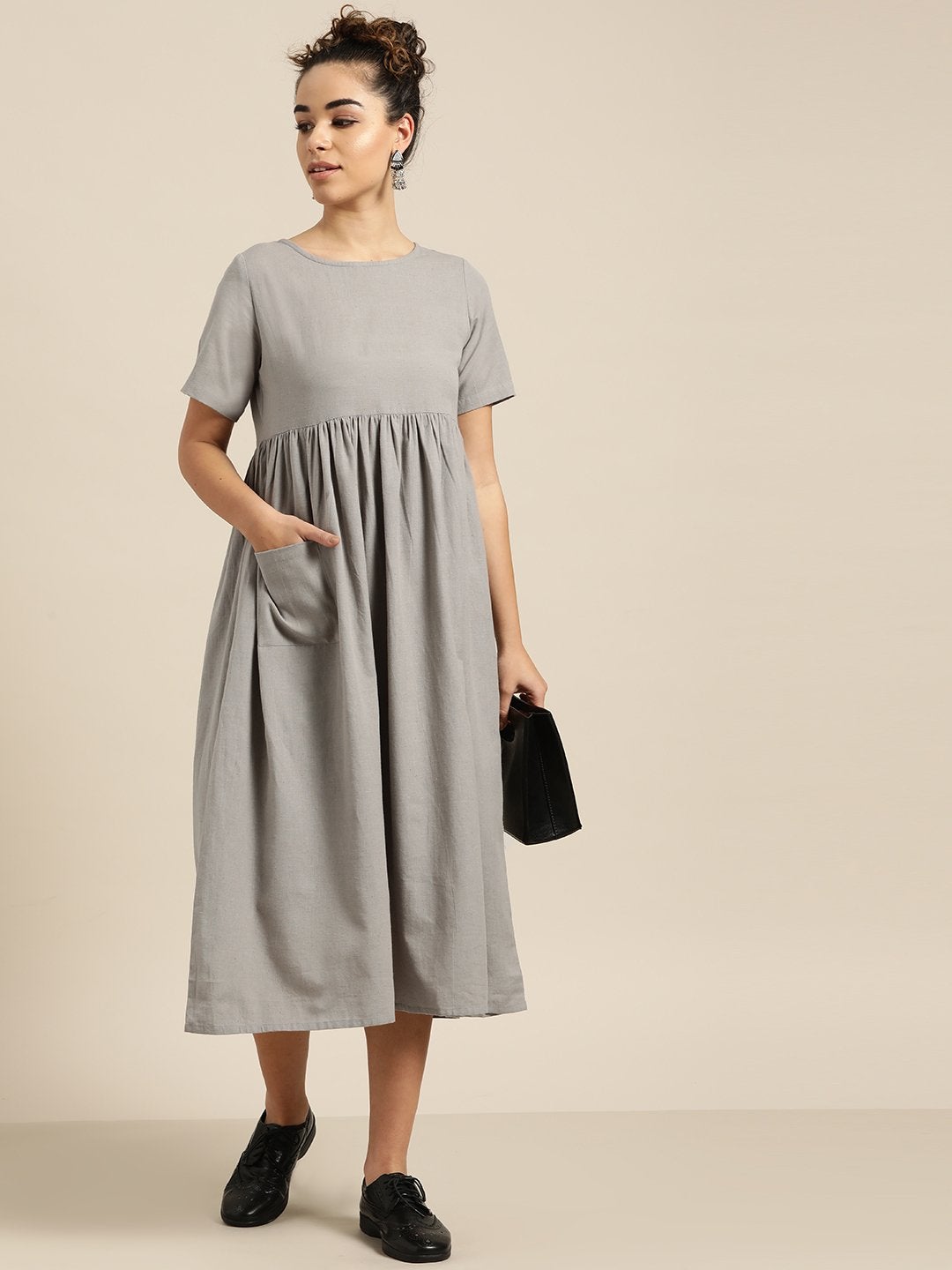 Women's Grey Gathered Patch Pocket Midi Dress
