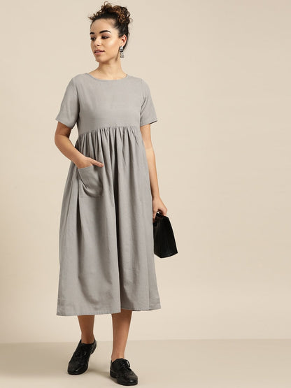 Women's Grey Gathered Patch Pocket Midi Dress