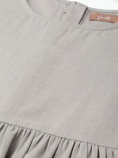 Women's Grey Gathered Patch Pocket Midi Dress