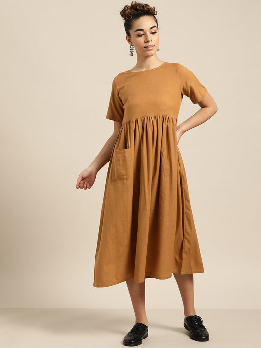 Women's Chocolate Brown Gathered Patch Pocket Midi Dress
