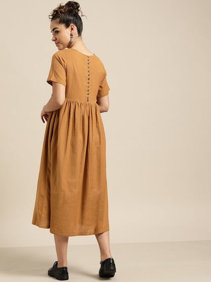 Women's Chocolate Brown Gathered Patch Pocket Midi Dress