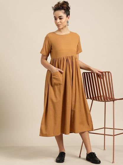 Women's Chocolate Brown Gathered Patch Pocket Midi Dress