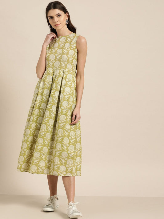 Women's Pista Green Sleeveless Box Pleat Midi Dress