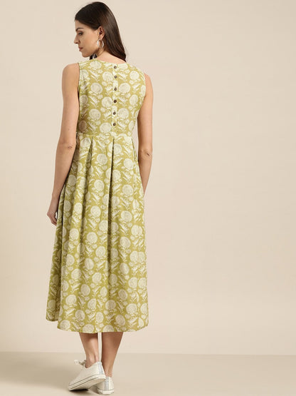 Women's Pista Green Sleeveless Box Pleat Midi Dress