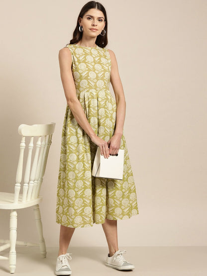 Women's Pista Green Sleeveless Box Pleat Midi Dress
