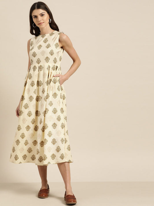Women's Beige Floral Sleeveless Box Pleat Midi Dress