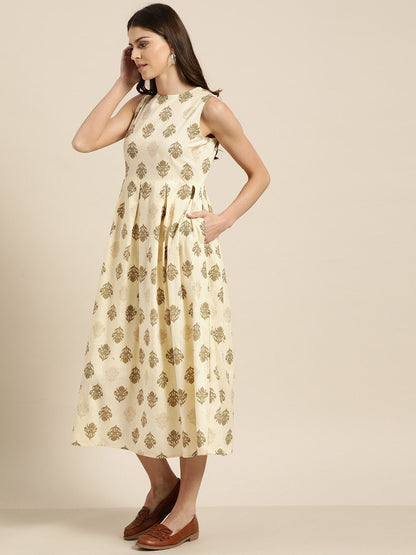 Women's Beige Floral Sleeveless Box Pleat Midi Dress