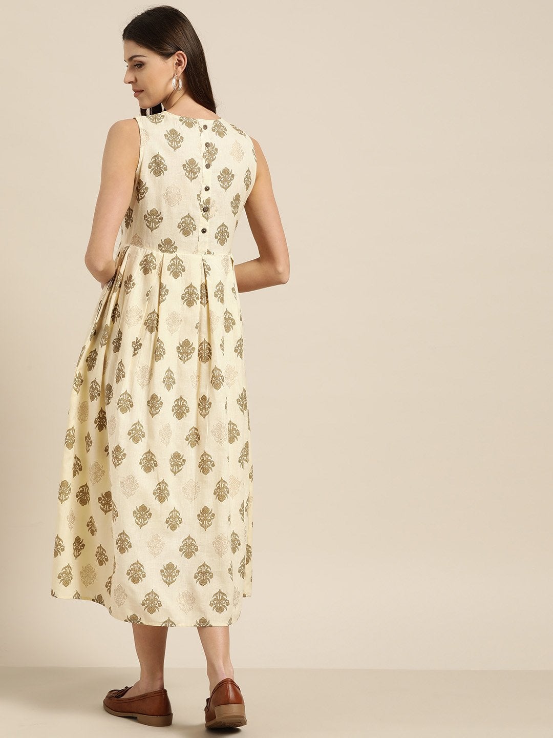 Women's Beige Floral Sleeveless Box Pleat Midi Dress