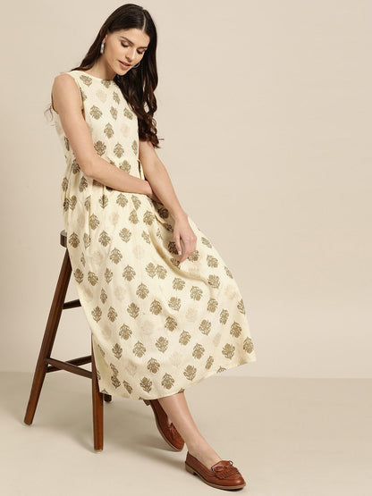 Women's Beige Floral Sleeveless Box Pleat Midi Dress
